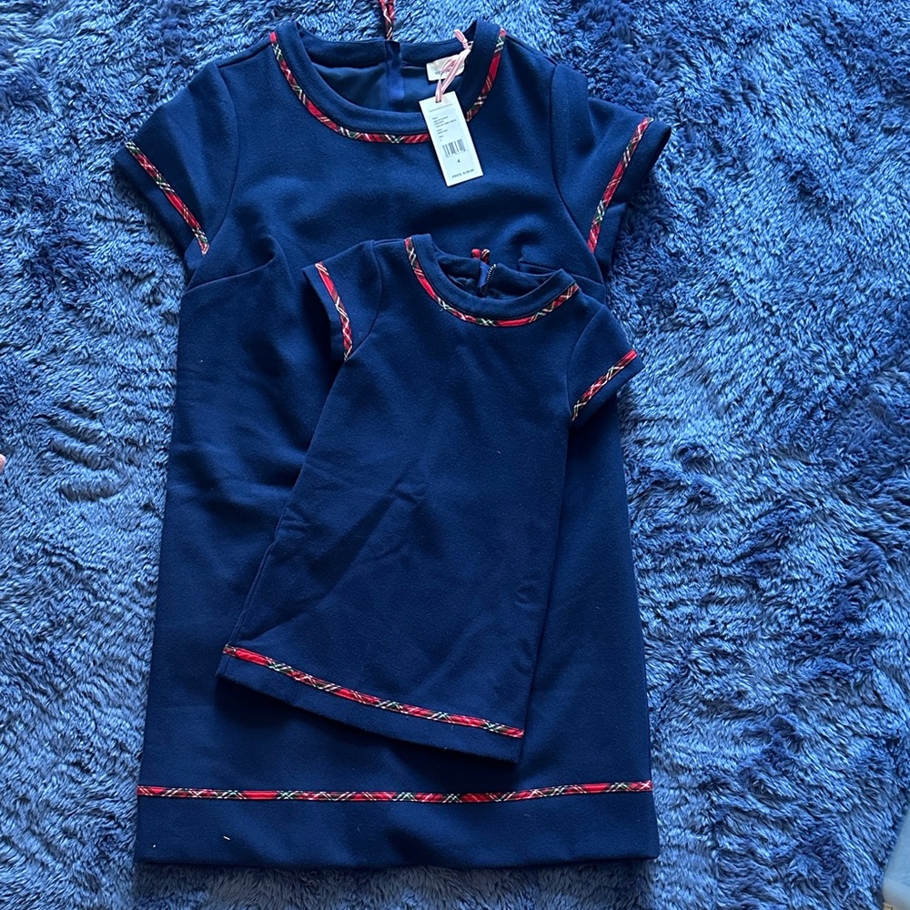 Navy Matching Mother & Daughter Shift Dresses with Red Trim